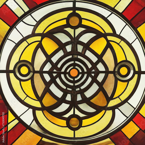 Bright contemporay stained glass window with several 2D geometric patterns, for motifs of design and complexity, containment, and interconnection photo