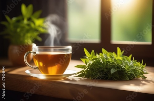 Tea leaves is in cup on table. Plant is surrounded by sunlight, which makes it look fresh, healthy. Cup of green tea sits on table, bathed in gentle sunlight streaming through window. Copy space.