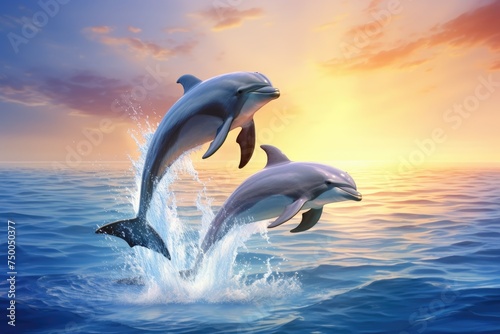 Cheerful dolphins leaping out of crystal clear waters  two  dolphins leaping out of crystal-clear turquoise waters  Ai generated