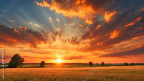 Beautiful blazing sunset landscape at over the meadow and orange sky above it. Amazing summer sunrise as a background.
