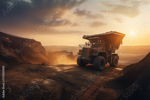 Mining truck in opencast on sunset. Electric EV futuristic mining truck in open-pit. Haul truck with bucket. Electric dump truck in a quarry during mining, future concept. AI Generative Illustration photo