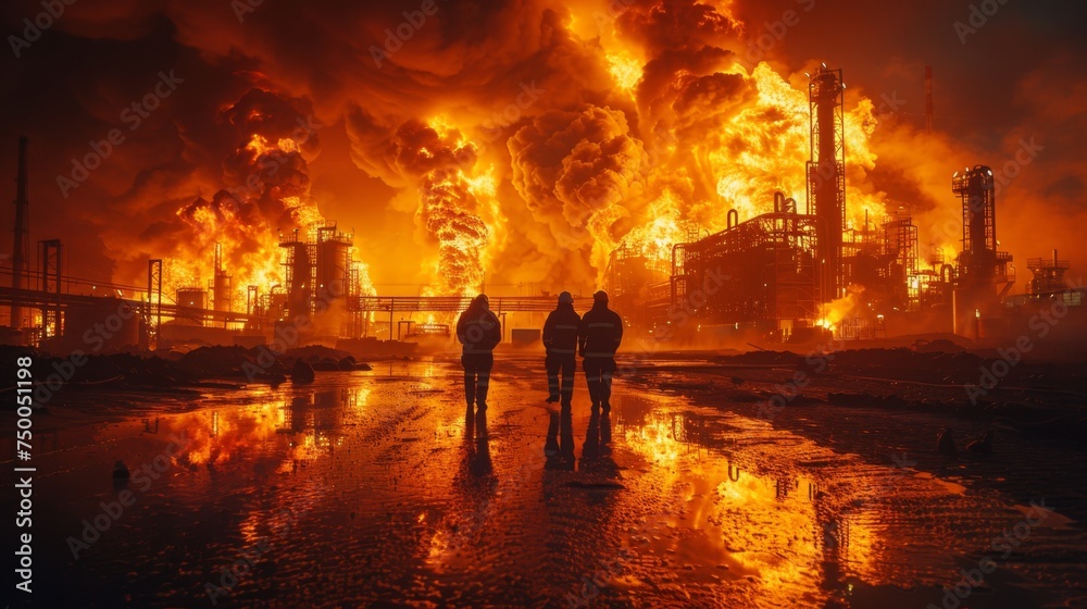 Trabajadores de una petrolera interactuando con el sistema de supresin de incendios - obrazy, fototapety, plakaty 