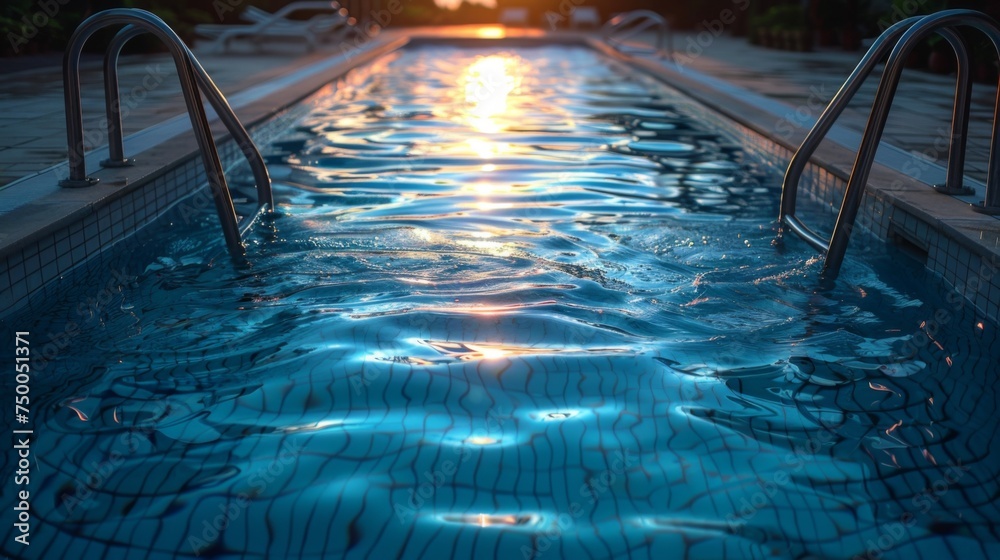 swimming pool Water heating in an outdoor pool using solar collector - obrazy, fototapety, plakaty 