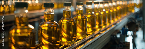Sleek bottles of golden olive oil, their contents gleaming in the light, travel along the conveyor belt, emanating the rich aroma of sun-ripened olives.