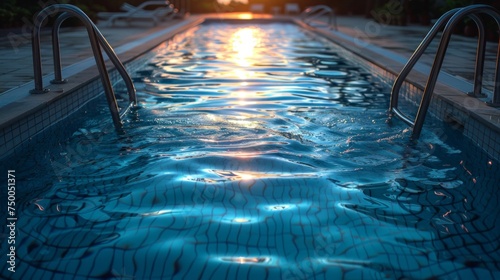swimming pool Water heating in an outdoor pool using solar collector photo