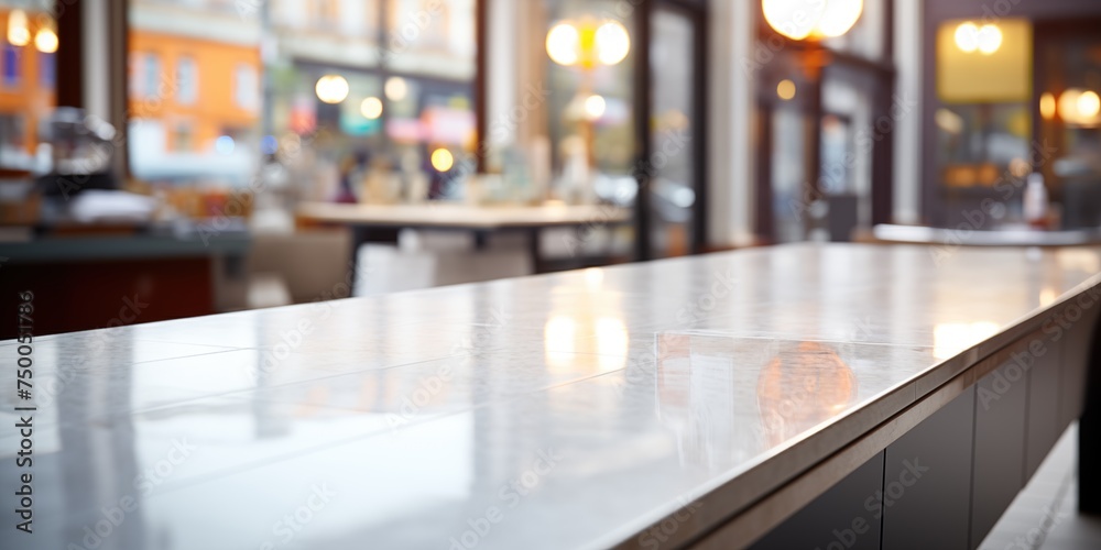Shop counter with blurred background. Marble table for demonstration of goods. Steel countertop in shop opposite panoramic windows. Advertisement of goods. Copy space text