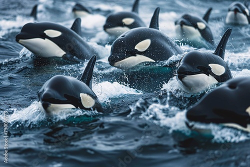 The killer whales swim together in the vast ocean