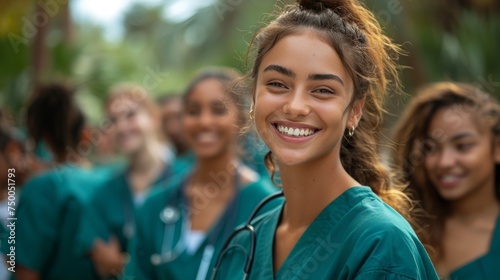 Group of female health students laughing together as they walk around campus wearing scrubs. Multicultural medical graduates going to attend a training class as part of their medical residency  photo