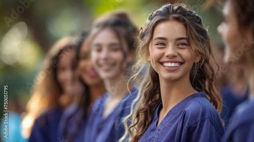 Group of female health students laughing together as they walk around campus wearing scrubs. Multicultural medical graduates going to attend a training class as part of their medical residency  photo