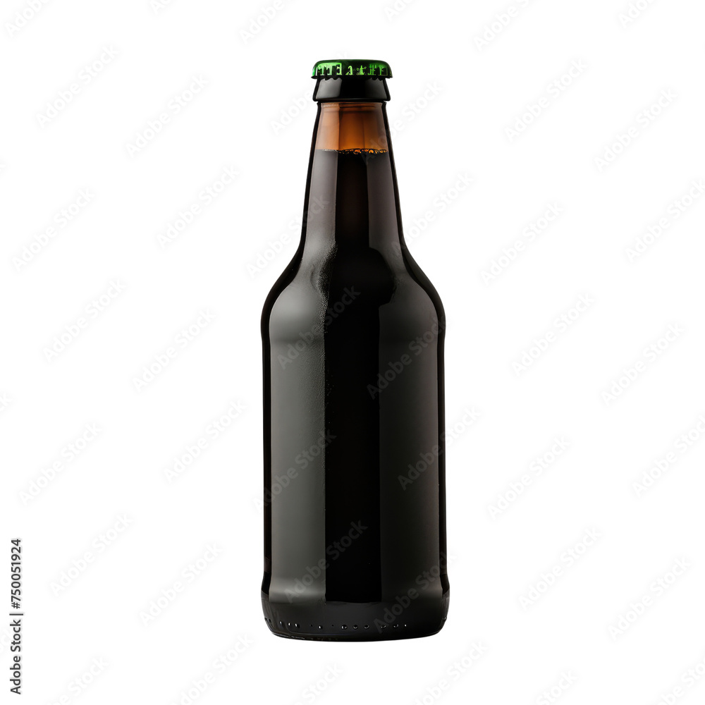 Dark amber beer bottle with a green cap, ready for label customization, Concept of beverage branding, homebrew, and product mockup Dark amber beer bottle with a green cap, ready for label customization, Concept of beverage branding, homebrew, and product mockup