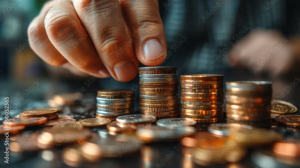 Close-up Of Businessman Hand Put Coins To Stack Of Coins Close-up Of Businessman Hand Put Coins To Stack Of Coins