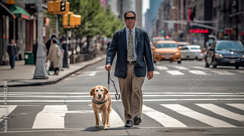 Blind mature man with guide dog crossing road