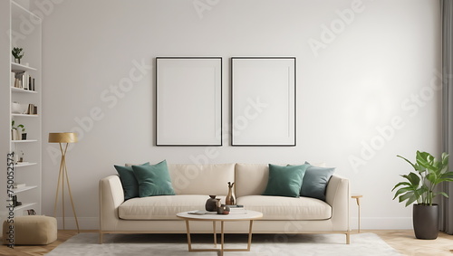 Elegant Living Room Decor  Modern Sofa with Stylish Accessories in a Cozy Interior  A mockup of a blank poster frame.