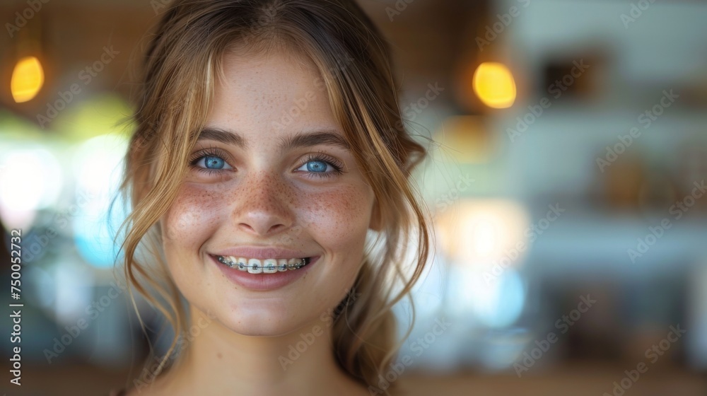 A smiling girl teenager with braces mouth, close up A smiling girl teenager with braces mouth, close up