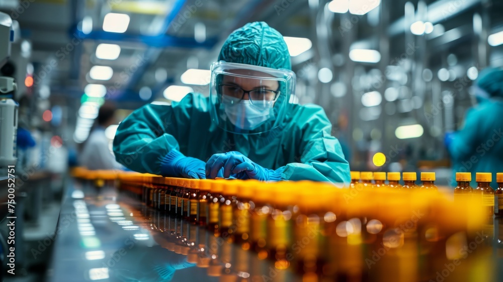 A laboratory technician in protective gear meticulously inspects a production line of medical vials, ensuring quality control in a pharmaceutical facility 