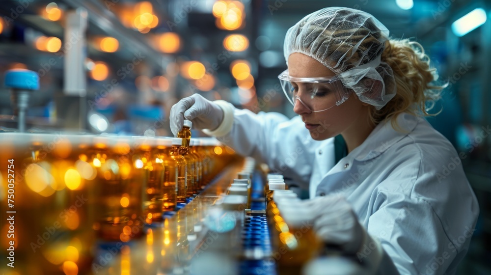 A laboratory technician in protective gear meticulously inspects a production line of medical vials, ensuring quality control in a pharmaceutical facility