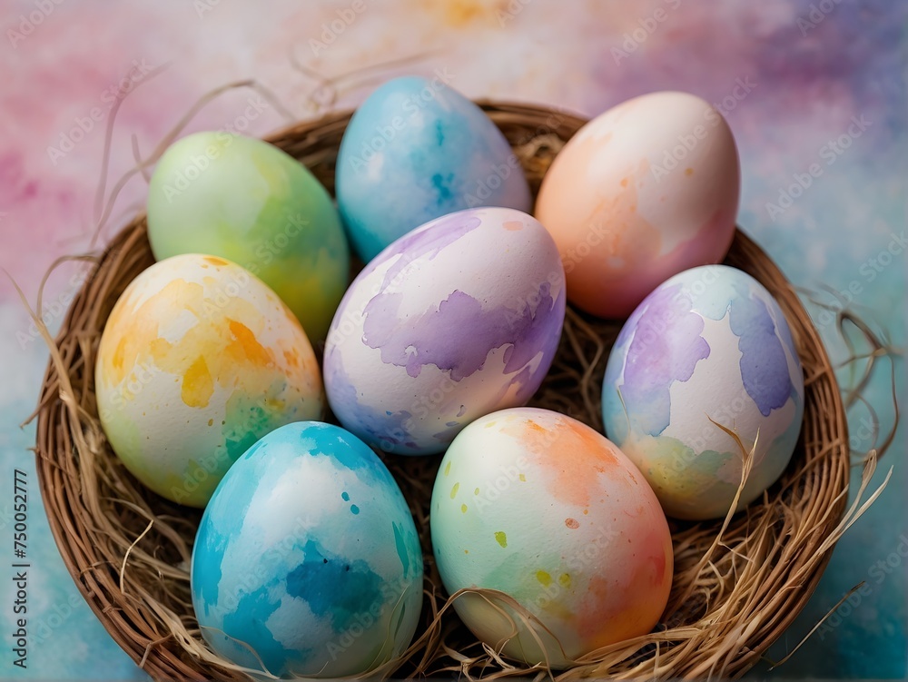 Easter painted eggs on a watercolor background Easter painted eggs on a watercolor background