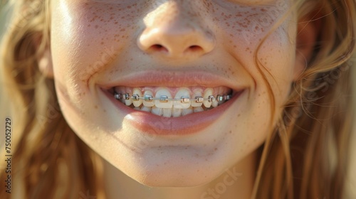 A smiling teenager with braces mouth, close up 
