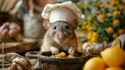 A cute rat in a chef's hat cooks food in a pot. Home pet 