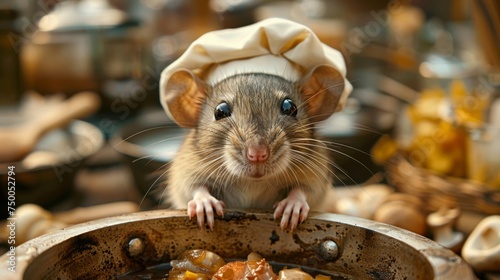 A cute rat in a chef's hat cooks food in a pot. Home pet 
