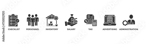 Cost reduction banner web icon vector illustration concept with icon of checklist, personnel, inventory, salary, tax, advertising and administration	