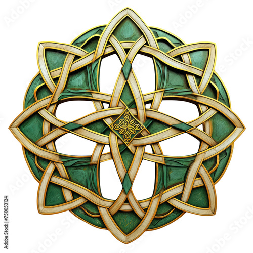 Celtic Knot Mandala in Gold and Green PNG, Transparent Image without background, Concept of Irish heritage and intricate art design