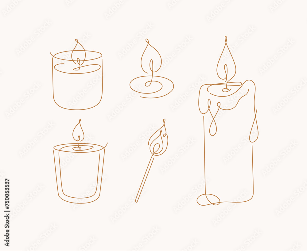 Candles glass, classic, jar, spiral, match set drawing in linear style on beige background