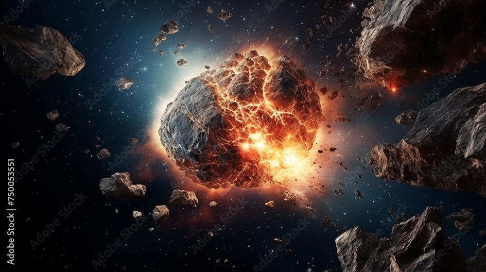 Meteor glowing as it enters the Earth's atmosphere. Planet Earth and big asteroid in the space. Potentially hazardous asteroids. Asteroid in outer space near earth planet - obrazy, fototapety, plakaty 