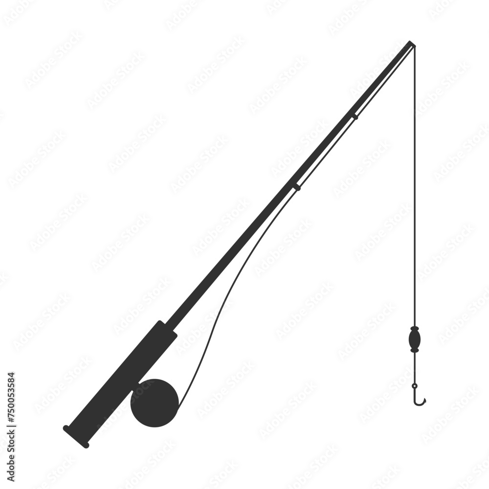 Black fishing rod. Isolated on a white background. Flat style design. Vector illustration. Silhouette. Black fishing rod. Isolated on a white background. Flat style design. Vector illustration. Silhouette.