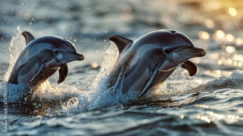 Dolphins jumping in ocean waters. Aquatic Sealife. Ocean. Endangered. Intelligent species. 