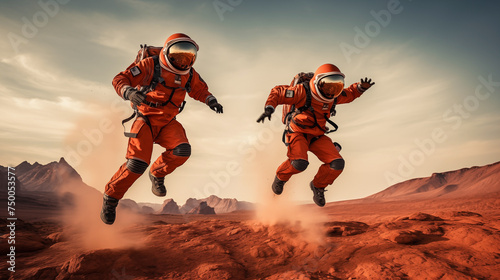Two astronaut on galaxies in the universe at spacewalk. Astronaut floating in space in front of planets. First manned mission to Mars, space exploration colonization. Mars exploration, NASA