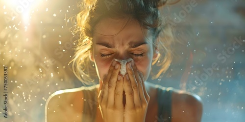 Woman sneezing and rubbing eyes due to dust allergy while cleaning. Concept Allergy Symptoms, Dust Irritation, Sneezing, Eye Rubbing, Cleaning Mischaps