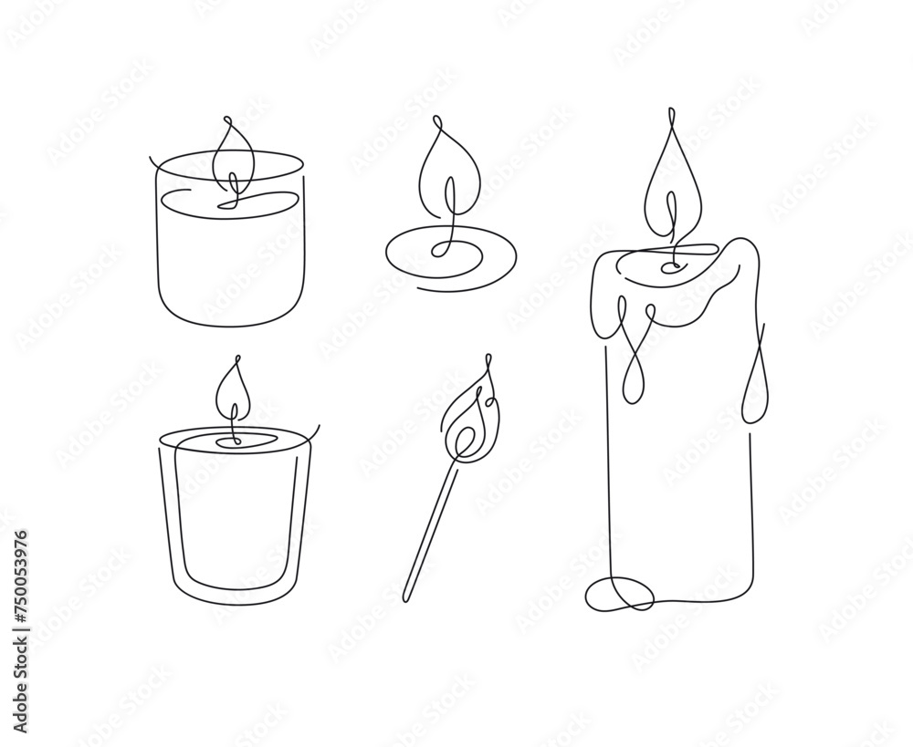 Candles glass, classic, jar, spiral, match set drawing in linear style on white background