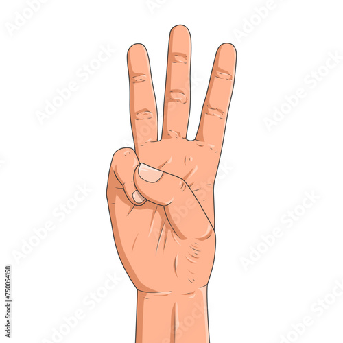 Male hand is showing three fingers isolated on a white background. Realistic three fingers up. Vector illustration