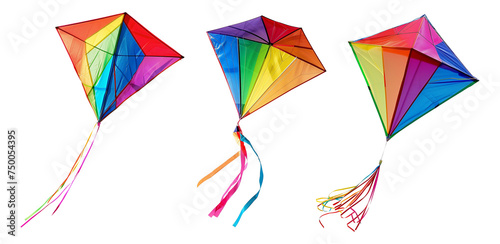 Set of colorful kites isolated on transparent or white background, png