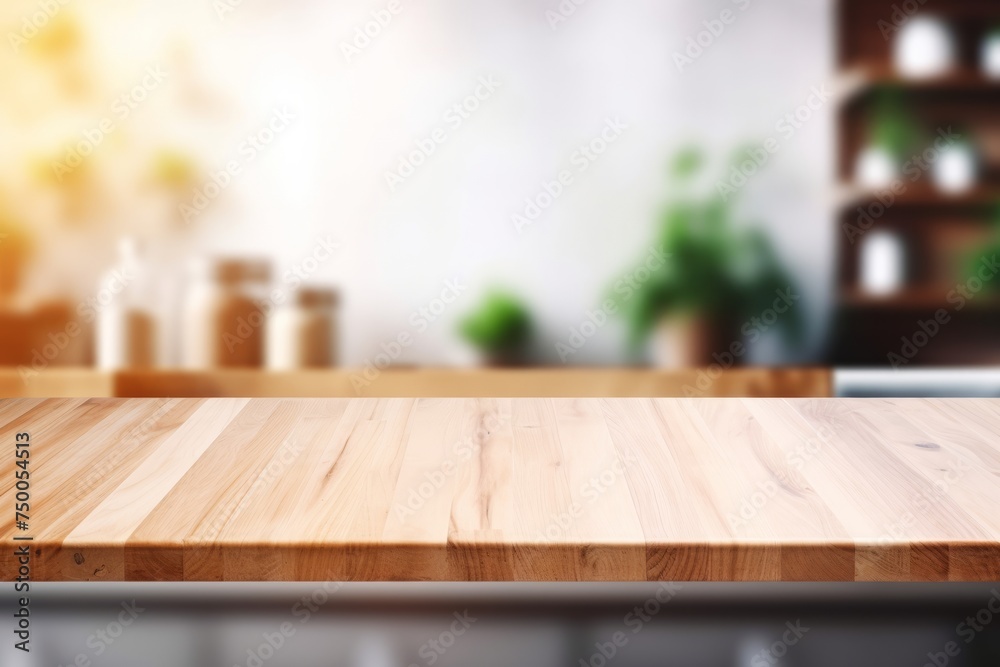 An empty wooden table overlooking a light brighten blurred defocused kitchen for representive your product with copyspace