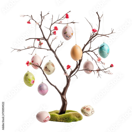 Easter Egg Tree with Colorful Eggs and Blossoms PNG, Transparent Image without background, Concept of Easter celebration and spring decor