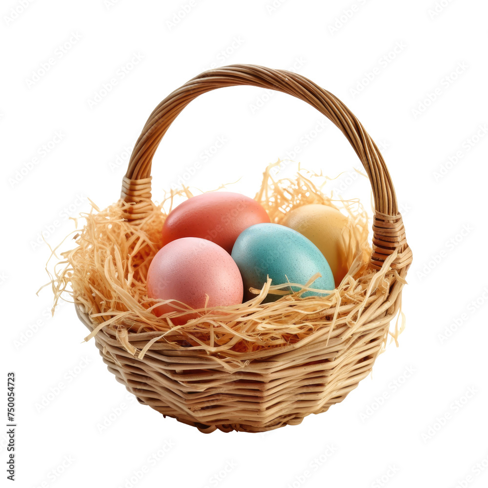 Wicker basket holding pastel-colored eggs nestled in straw, symbolizing Easter celebration and springtime festivities Wicker basket holding pastel-colored eggs nestled in straw, symbolizing Easter celebration and springtime festivities