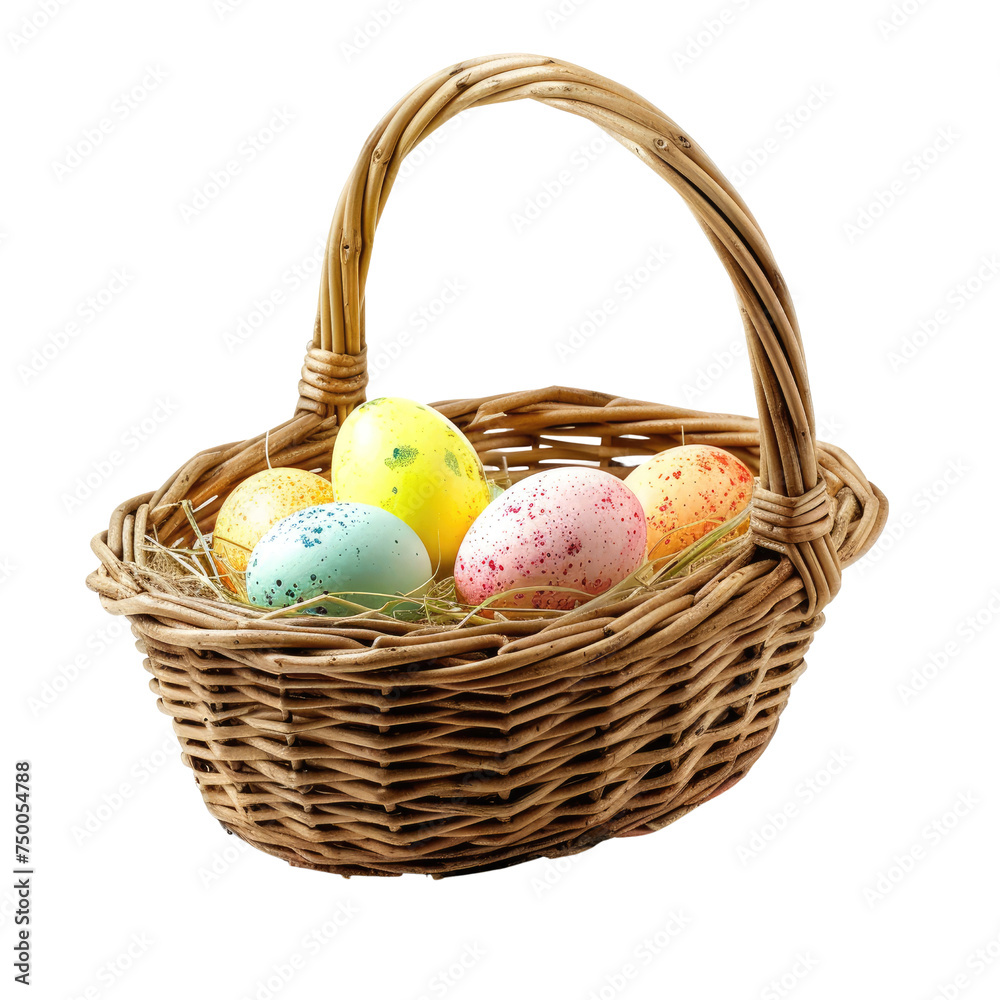 Wicker Basket Carrying Colorful Speckled Easter Eggs, PNG Transparent Image without Background, Concept of Easter Celebrations and Springtime Wicker Basket Carrying Colorful Speckled Easter Eggs, PNG Transparent Image without Background, Concept of Easter Celebrations and Springtime