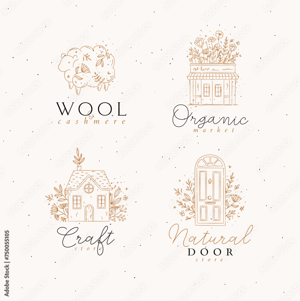 Hand drawn sheep, store, house, door labels drawing in floral style on beige background