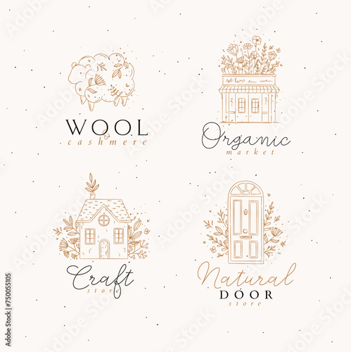 Obraz na płótnie Hand drawn sheep, store, house, door labels drawing in floral style on beige background w salonie