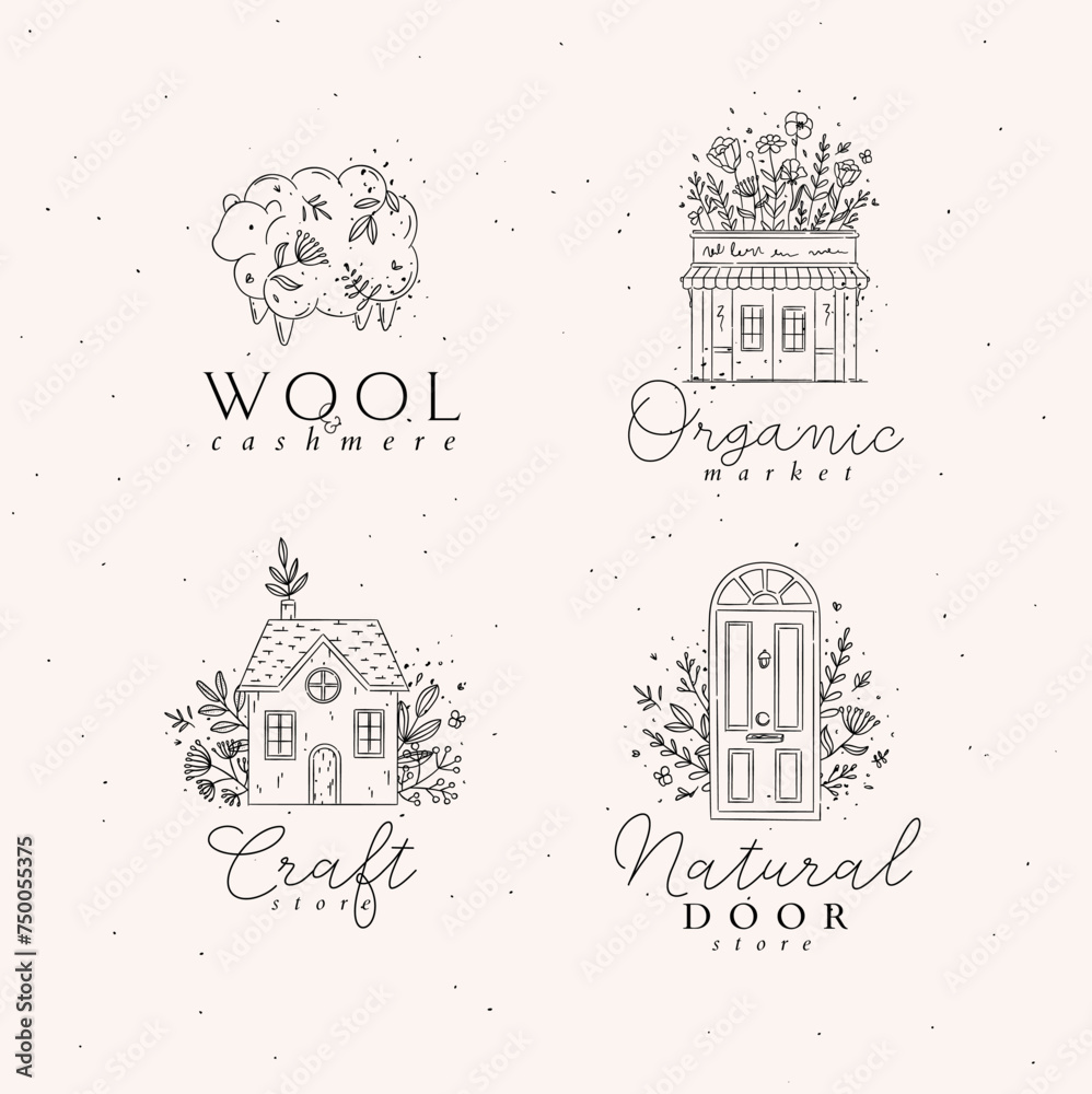 Hand drawn sheep, store, house, door labels drawing in floral style on light background