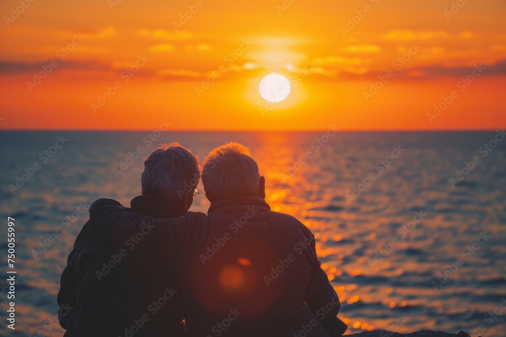 An elderly couple of lovers sit side by side on a bench on the seashore or ocean watching the sunset having peaceful romantic time 