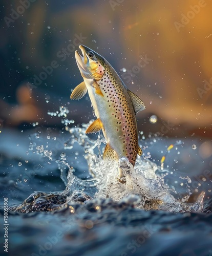 Trout jumping out from the water. Fishing concept