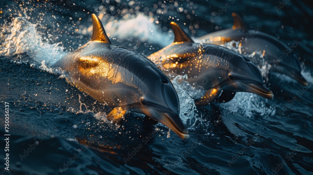 Naklejka premium Dolphins jumping in ocean waters. Aquatic Sealife. Ocean. Endangered. Intelligent species. 