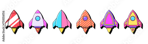 Isolated retro rocket icon set, vector stickers. Startup launch, space ship, spacecraft flight, start and boost business. Outline 3d rockets with pattern. Retro design elements for ads and pop culture