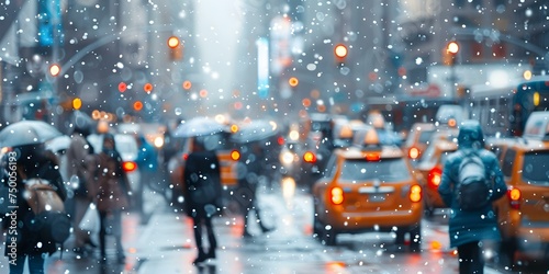 Snowy day in NYC causing traffic and pedestrian delays in Manhattan. Concept Winter Weather, Traffic Delays, NYC, Snowstorm, Manhattan Pedestrians