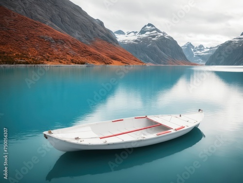 White boat on serene blue lake with mountains
