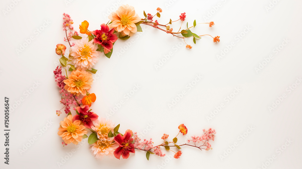 Composition of flowers on a white background, top view. Frame of flowers with copy space. Background for a postcard Composition of flowers on a white background, top view. Frame of flowers with copy space. Background for a postcard