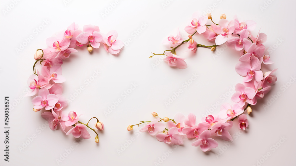 Composition of flowers on a white background, top view. Frame of flowers with copy space. Background for a postcard